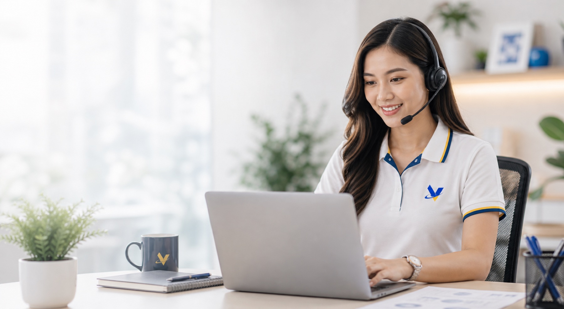 Dedicated Filipino VenderIT remote professional working with headset and laptop