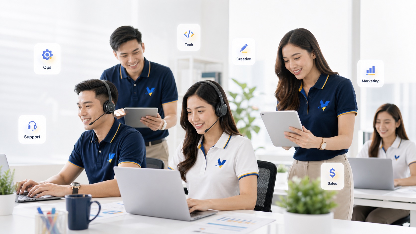 VenderIT managed remote professionals in branded uniforms with floating role cards