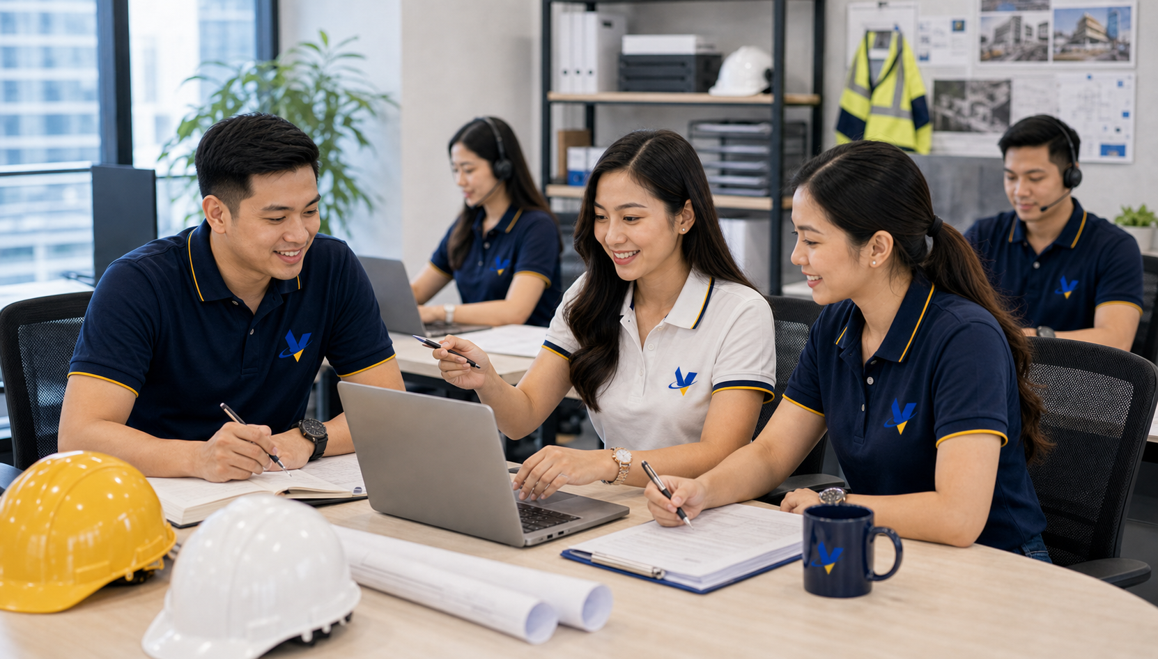 Construction services support team coordinating jobs and customer requests