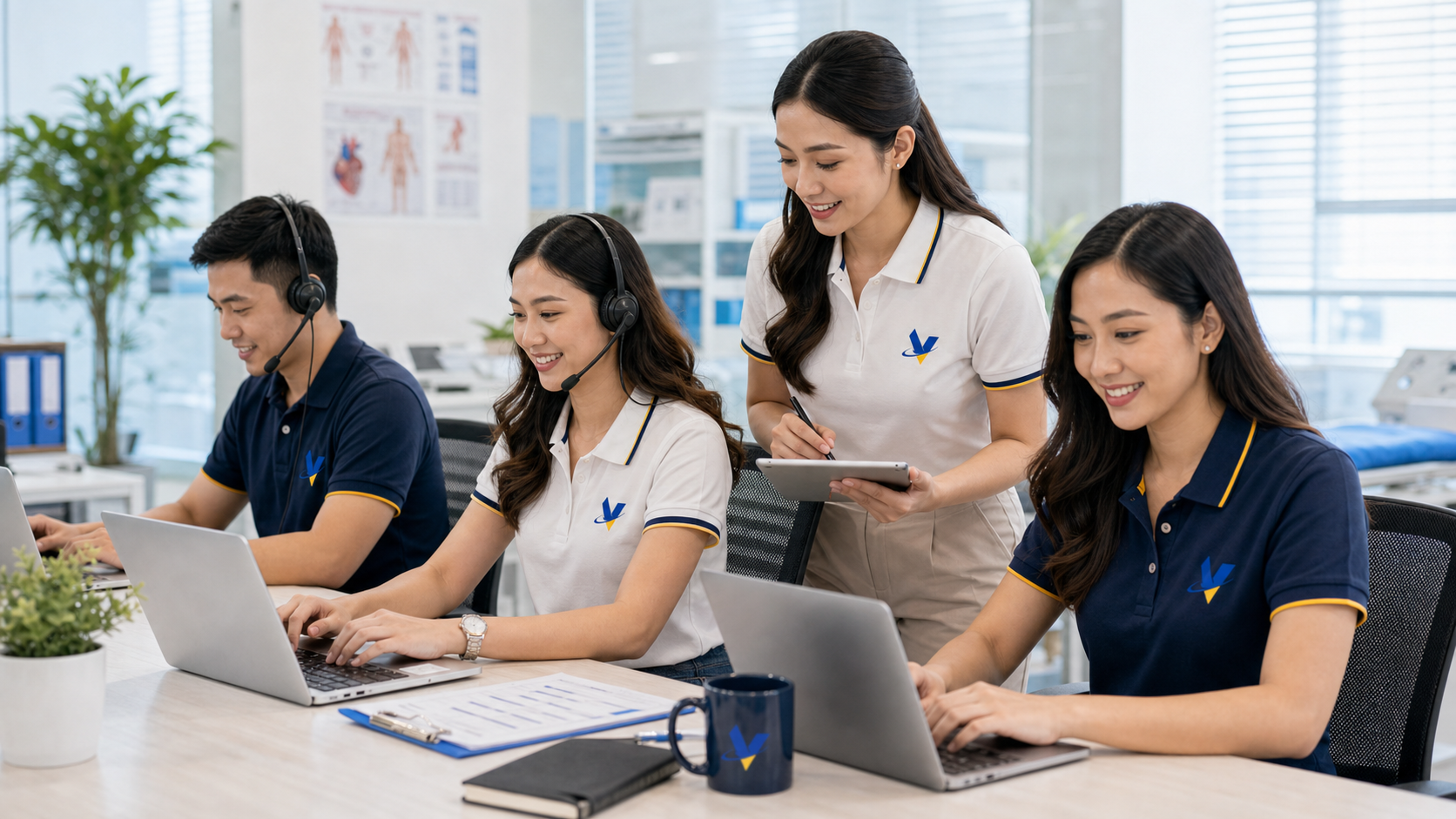 Filipino healthcare support team coordinating clinic administration