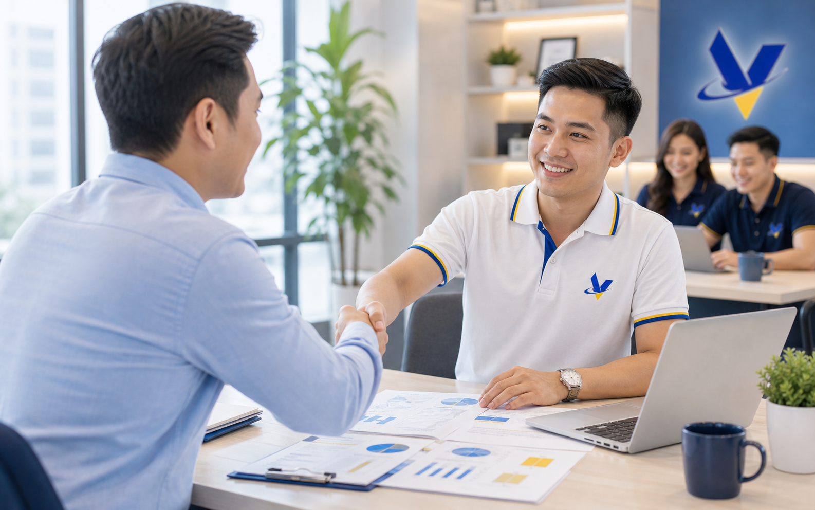 VenderIT strategist shaking hands after presenting a managed outsourcing roadmap